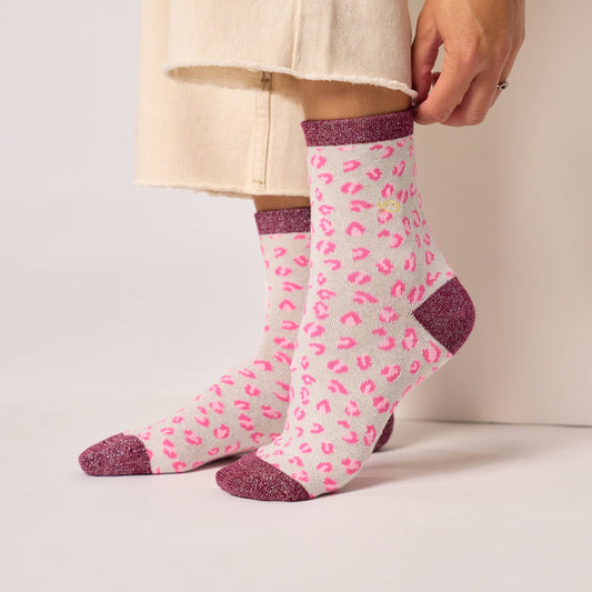 Chaussettes pailletées en coton peigné léopard - Blanc Boutique Billybelt