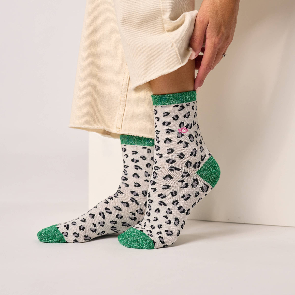 Chaussettes pailletées en coton peigné léopard - Blanc vert Boutique Billybelt