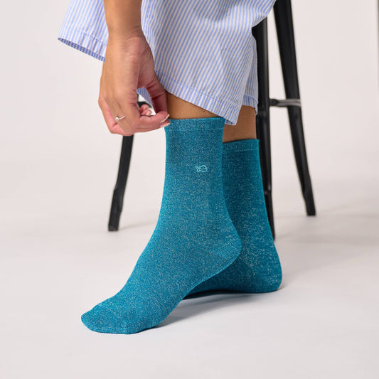 Chaussettes pailletées en coton peigné unies - Bleu canard Boutique Billybelt