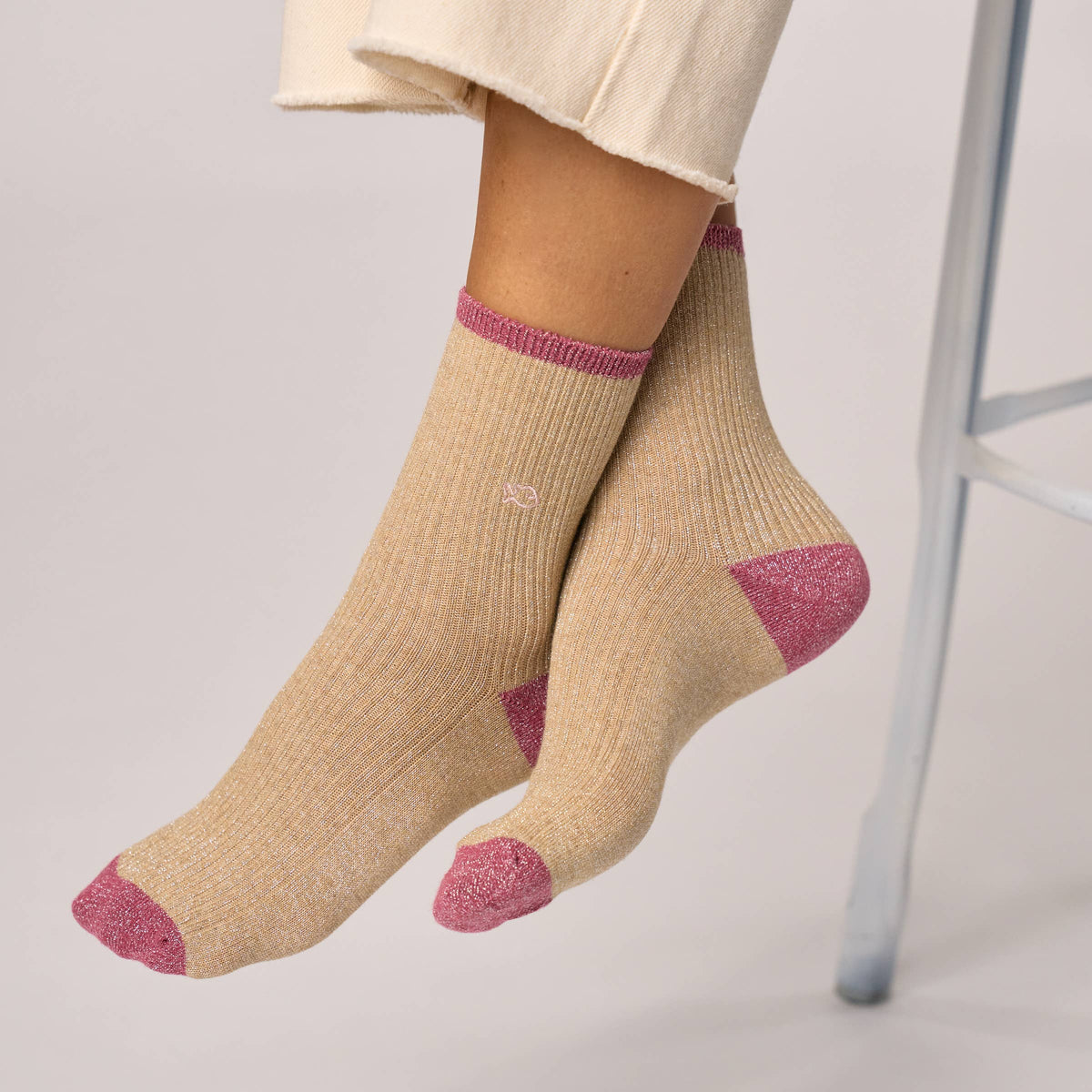 Chaussettes pailletées en coton peigné vintage - Beige Boutique Billybelt