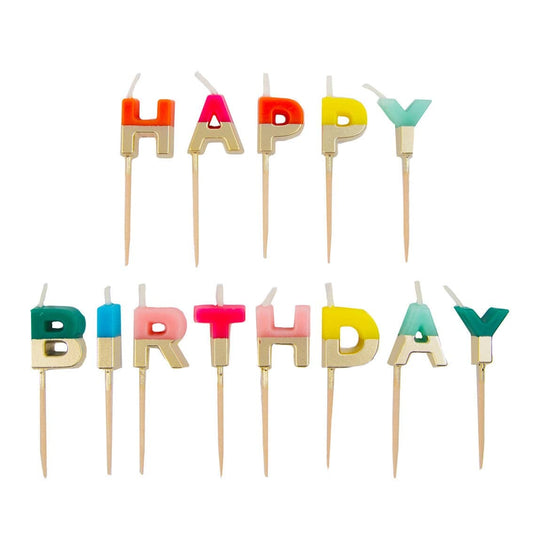 Bougies lettres « Joyeux anniversaire » arc‑en‑ciel Boutique Talking Tables 