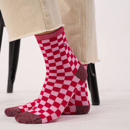 Chaussettes en coton peigné à carreaux - Rouge et rose Boutique Billybelt 