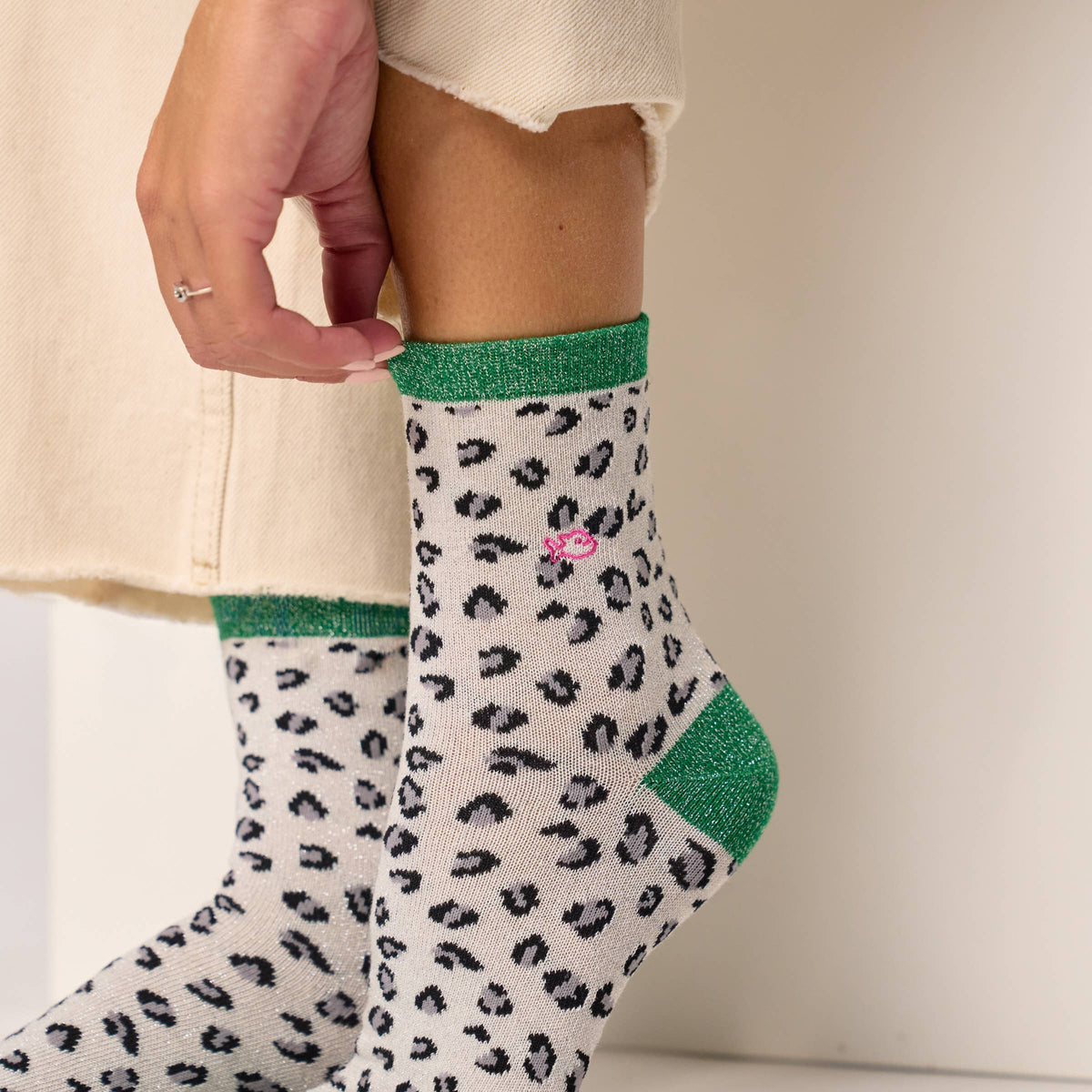 Chaussettes pailletées en coton peigné léopard - Blanc vert Boutique Billybelt 