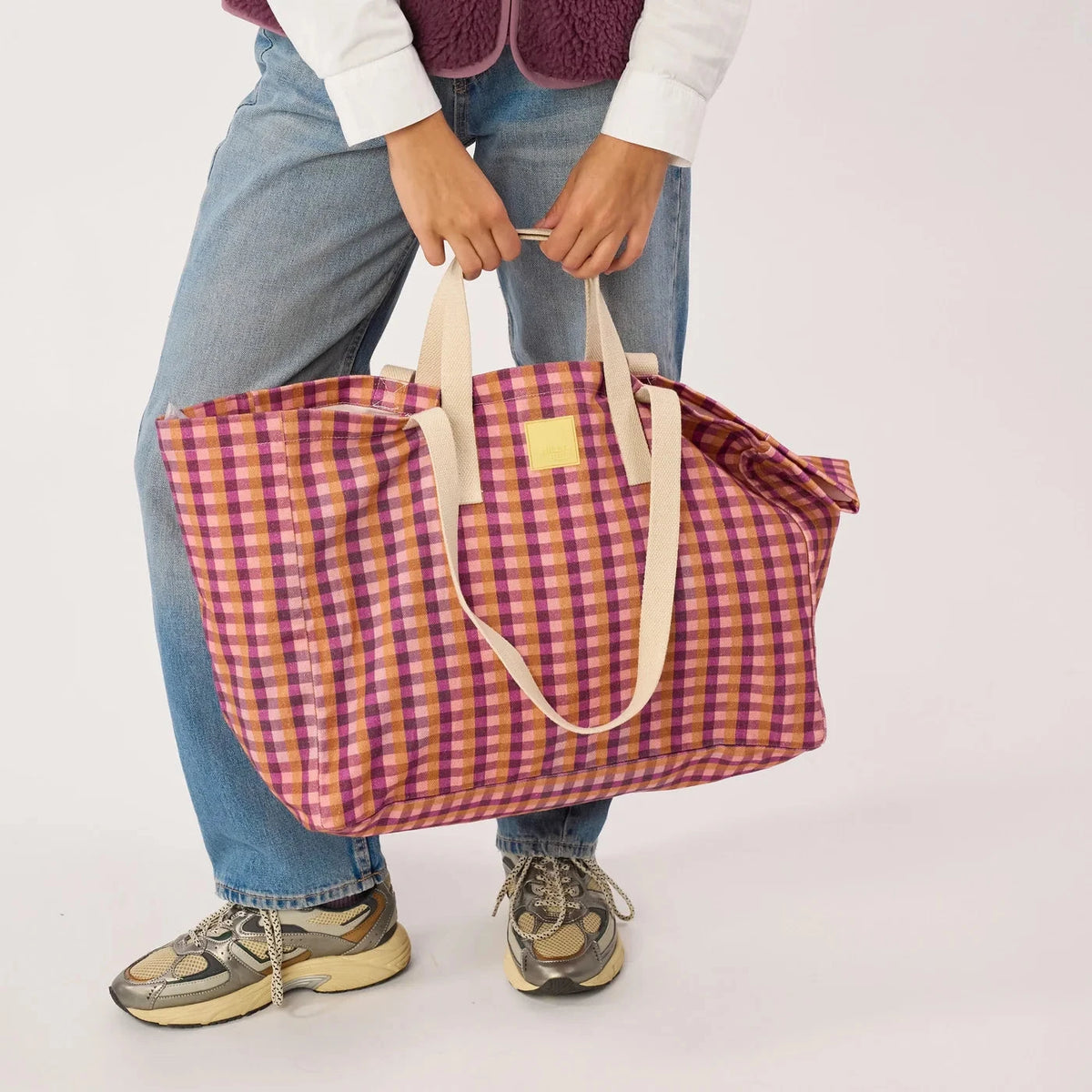 Sac cabas en coton biologique vichy violet et orange Boutique Billybelt 